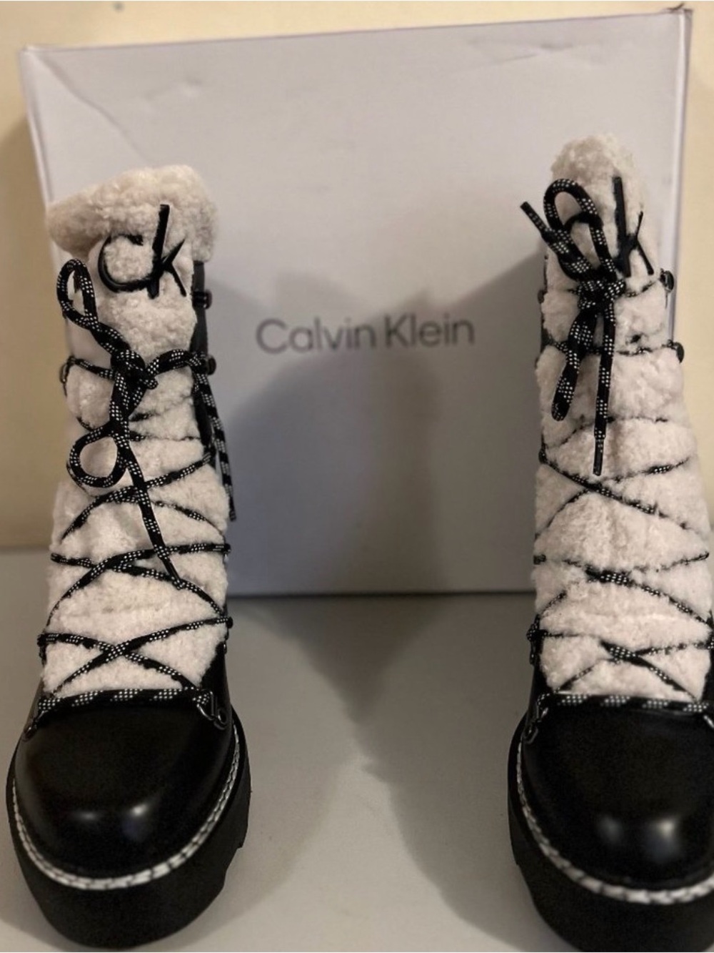 Calvin Klein Black Leather and White Sherpa Lace-Up Winter Boots